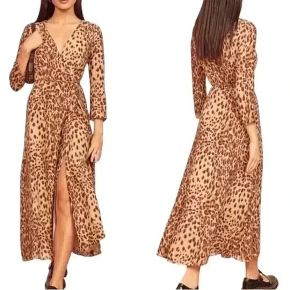 NWT REFORMATION Alessandra Animal Print Wrap Midi Dress In Cat - Picture 2 of 6
